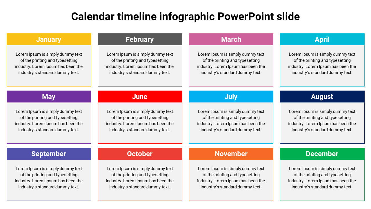 Infographic PowerPoint slide with a colorful calendar layout for each month from January to December with placeholder text.