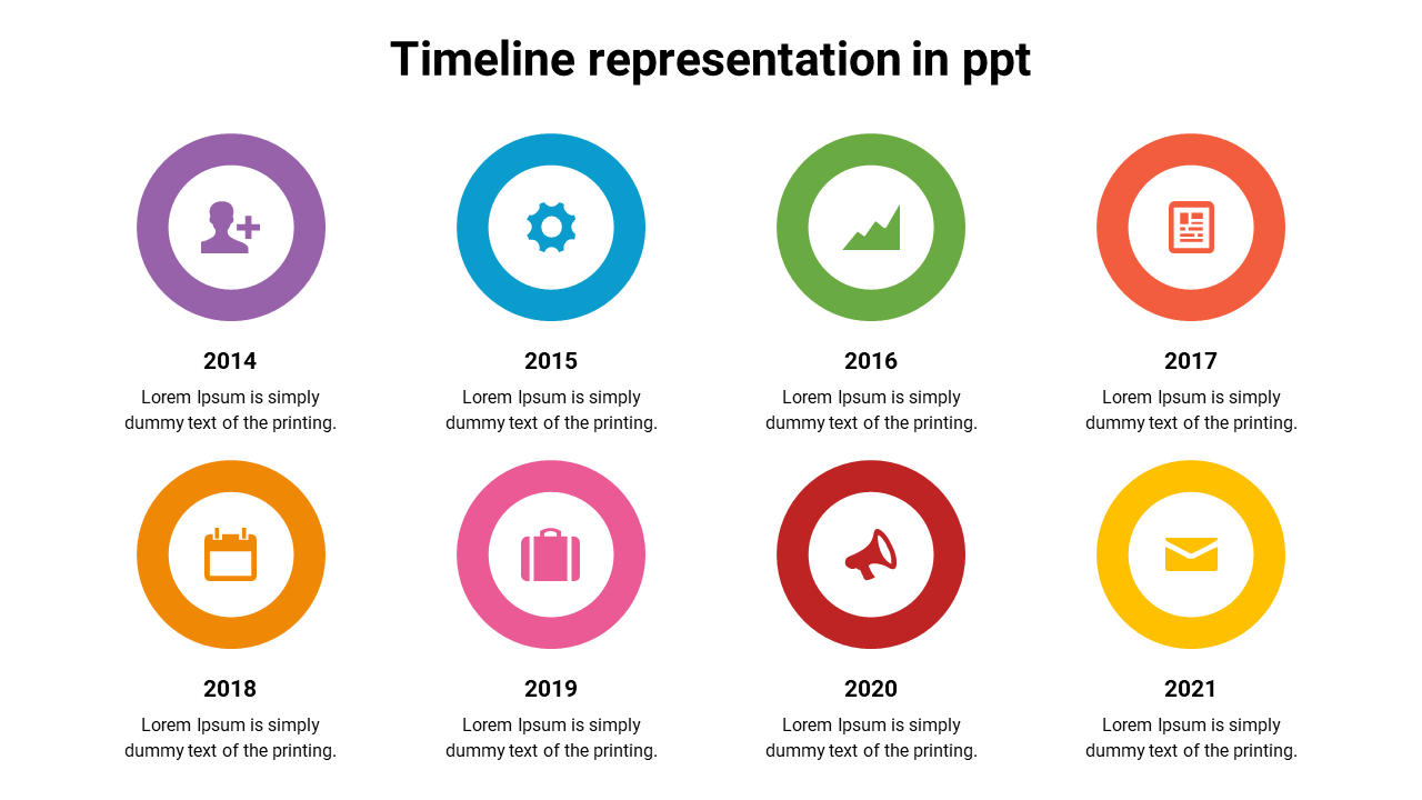 Timeline design PowerPoint slide with year markers from 2014 to 2021 and corresponding color coded icons for each year.