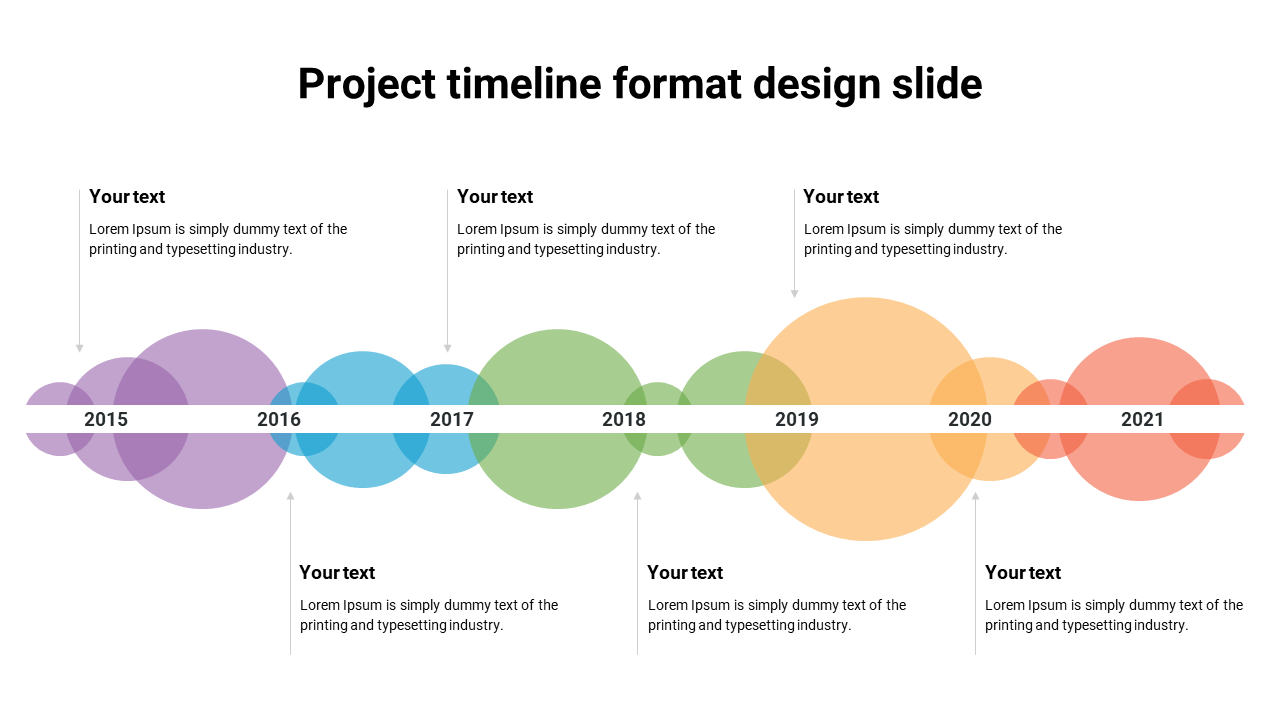 Visual project timeline with colorful overlapping circles, illustrating years between 2015- 2021 with text placeholders.