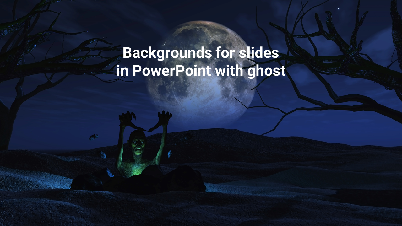 Spooky background PPT slide featuring a ghostly figure under a full moon.