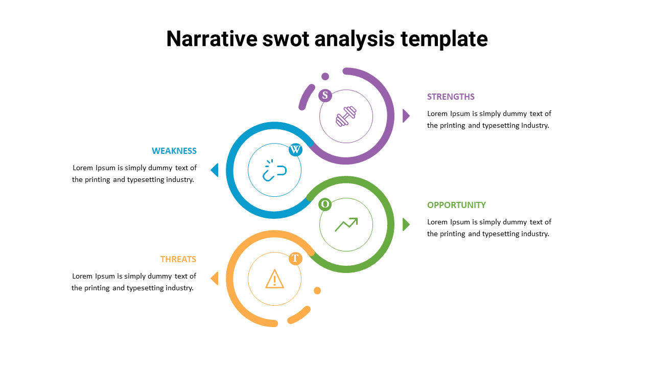  Slide with colorful circular icons in blue, purple, green, and orange, each denoting SWOT aspects.