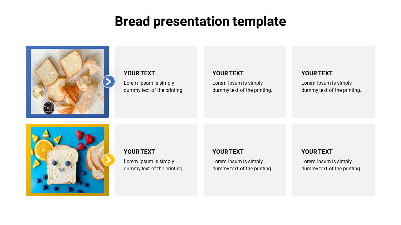 Bread template with two colorful bread and fruits visuals on the left and placeholder text areas on the right.