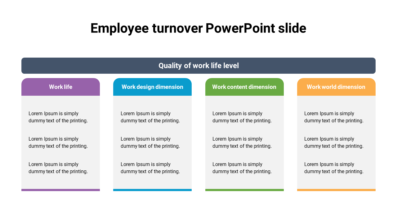 Four columns in purple, blue, green, and orange representing work dimensions, each with text, under a gray title bar.