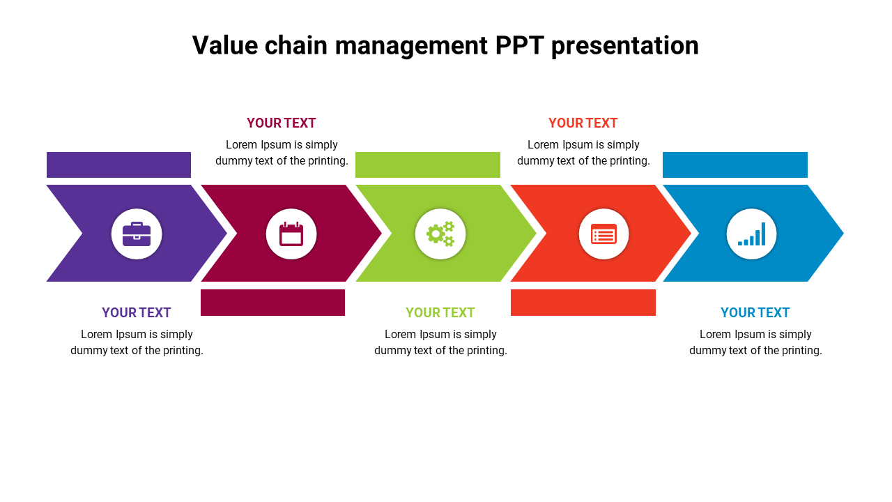 Visual representation of a value chain management slide with colored arrows and placeholders for text and color coded icons.