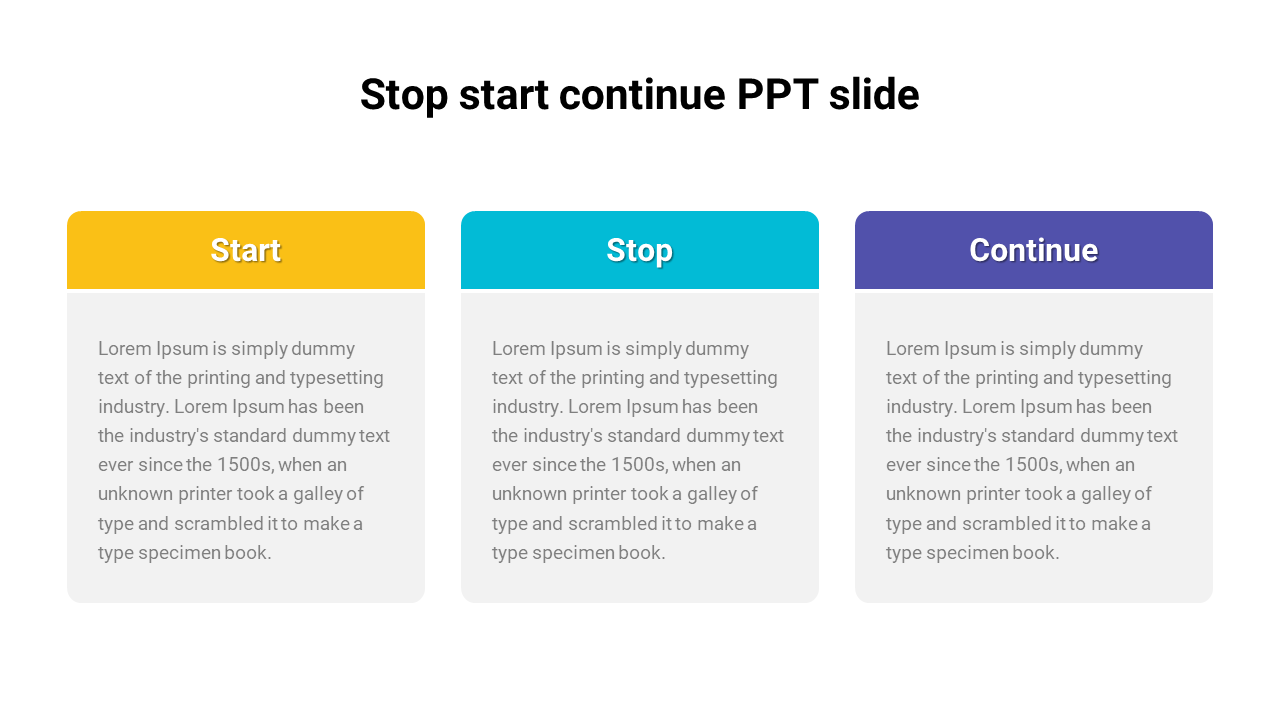 Three-column template with titles start, stop, and continue, each with a placeholder text placed in a white background.