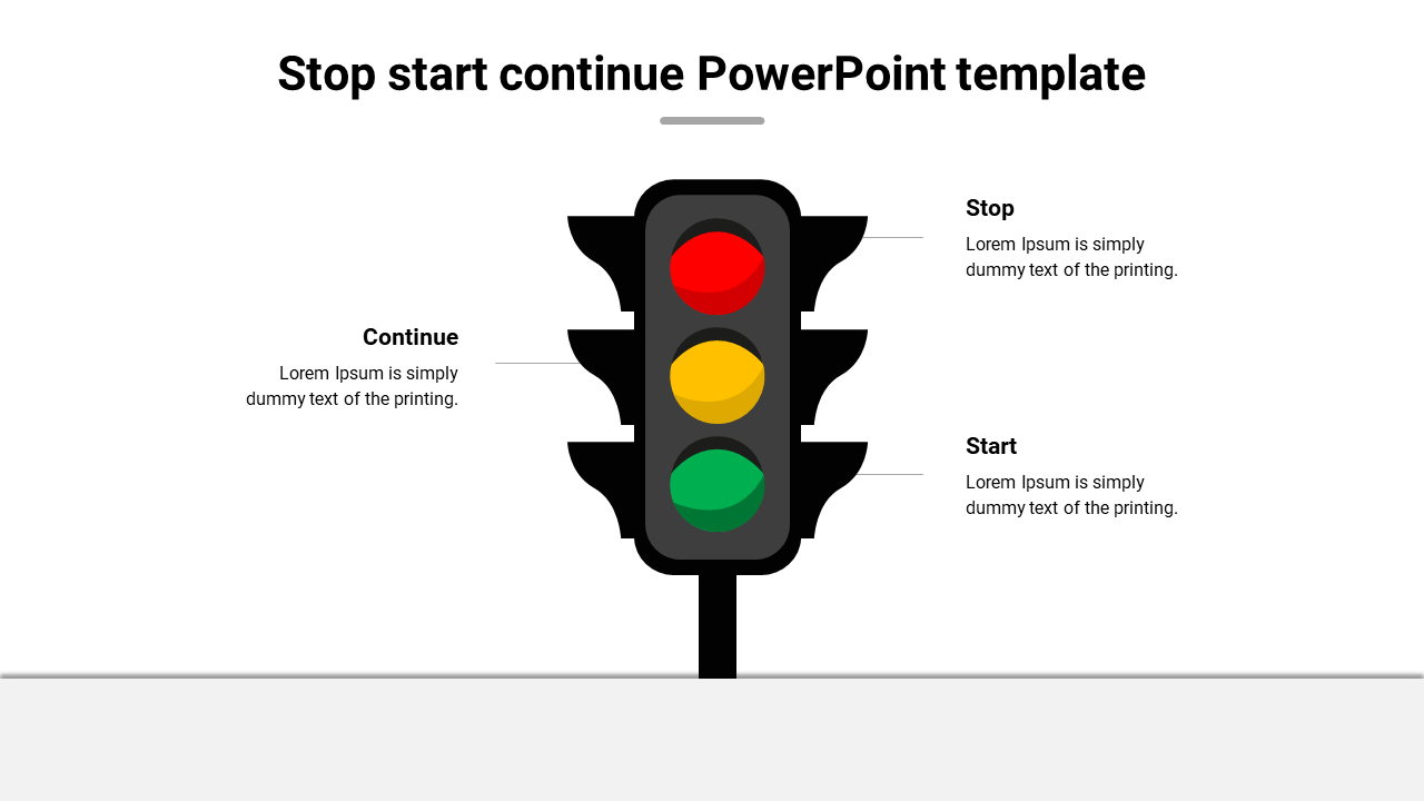 Traffic light diagram with red, yellow, and green signals labeled stop, continue, and start on a white background.