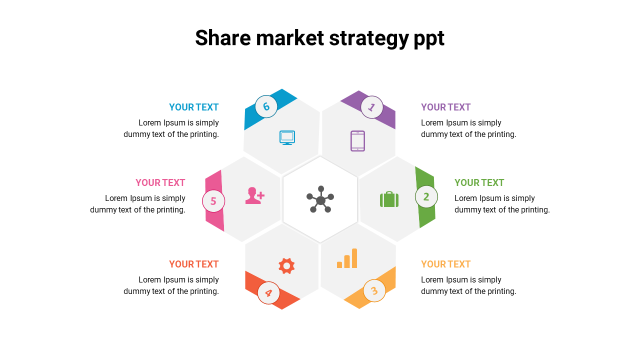 PowerPoint slide for share market strategy, featuring a hexagonal layout with placeholders for text and icons.