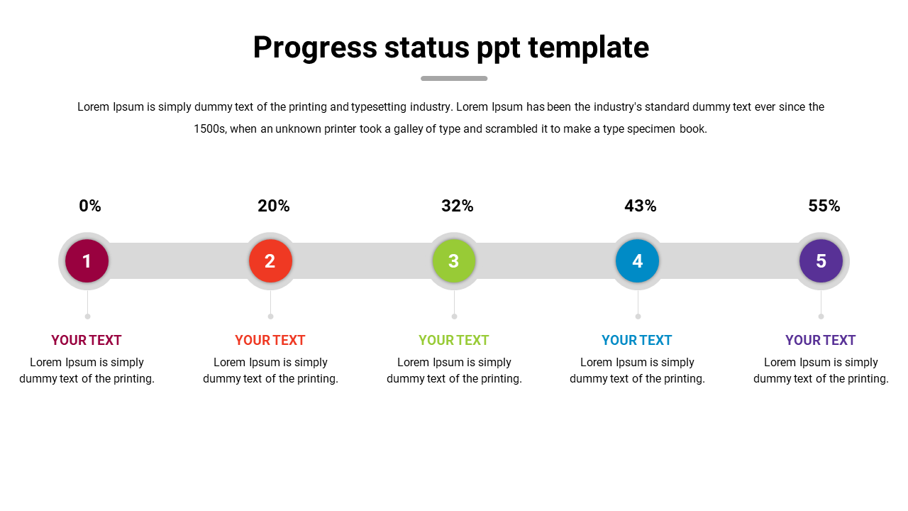 Horizontal progress bar with five circular milestones in pink, red, green, blue, and purple, each showing percentages.