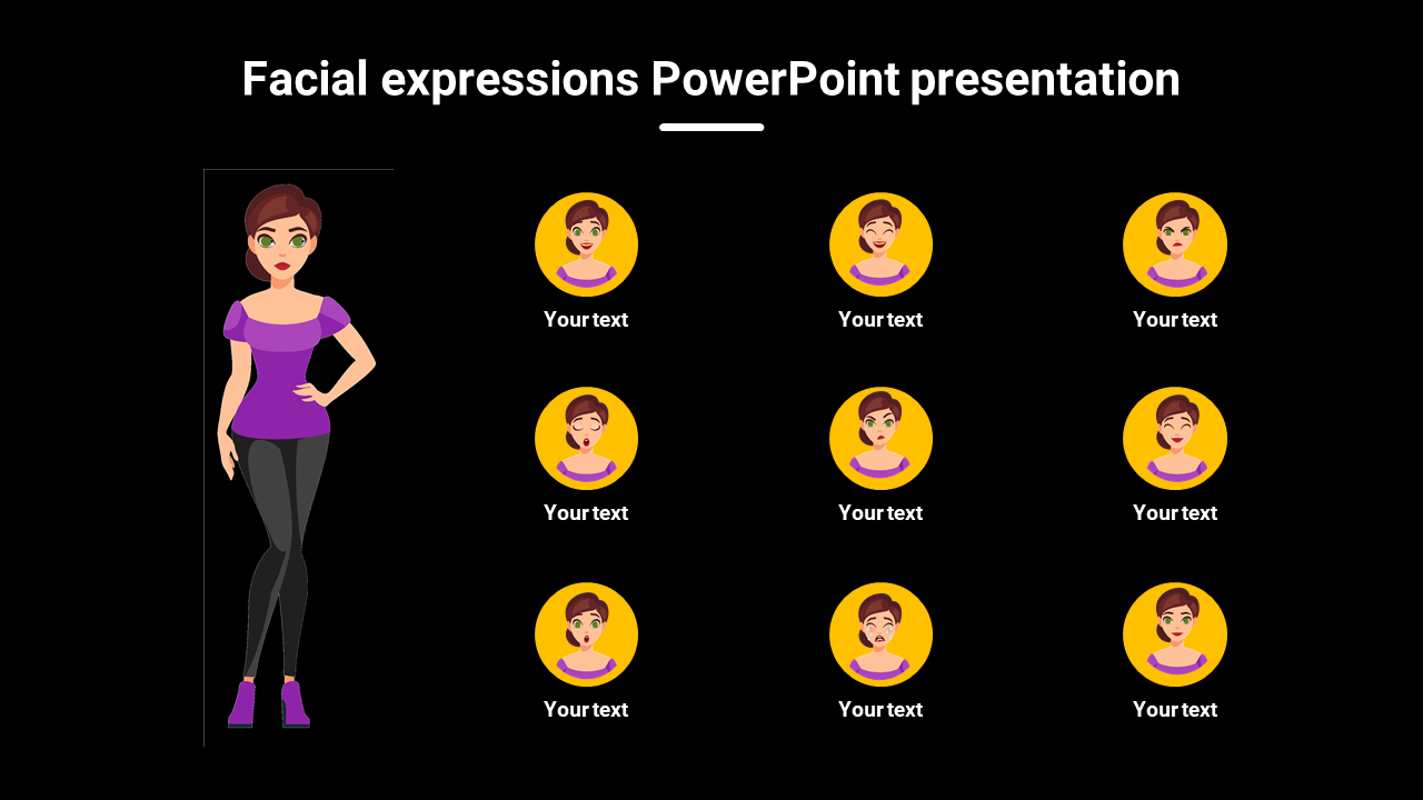 Slide showing a female figure and nine expression icons, each with a text label below, on a black background.