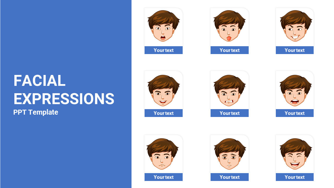 Nine cartoon faces with varying emotions in a grid layout, with a blue section on the left for title.