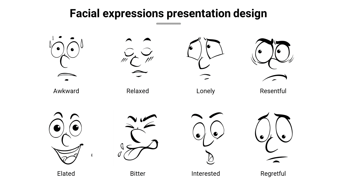 Facial expressions slide featuring cartoon style illustrations of nine different facial expressions.