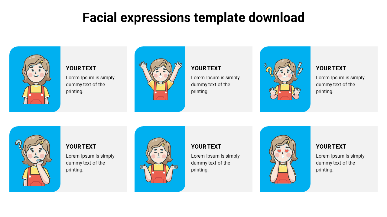 Facial expressions slide featuring illustrations of a character showing various emotions with text sections.