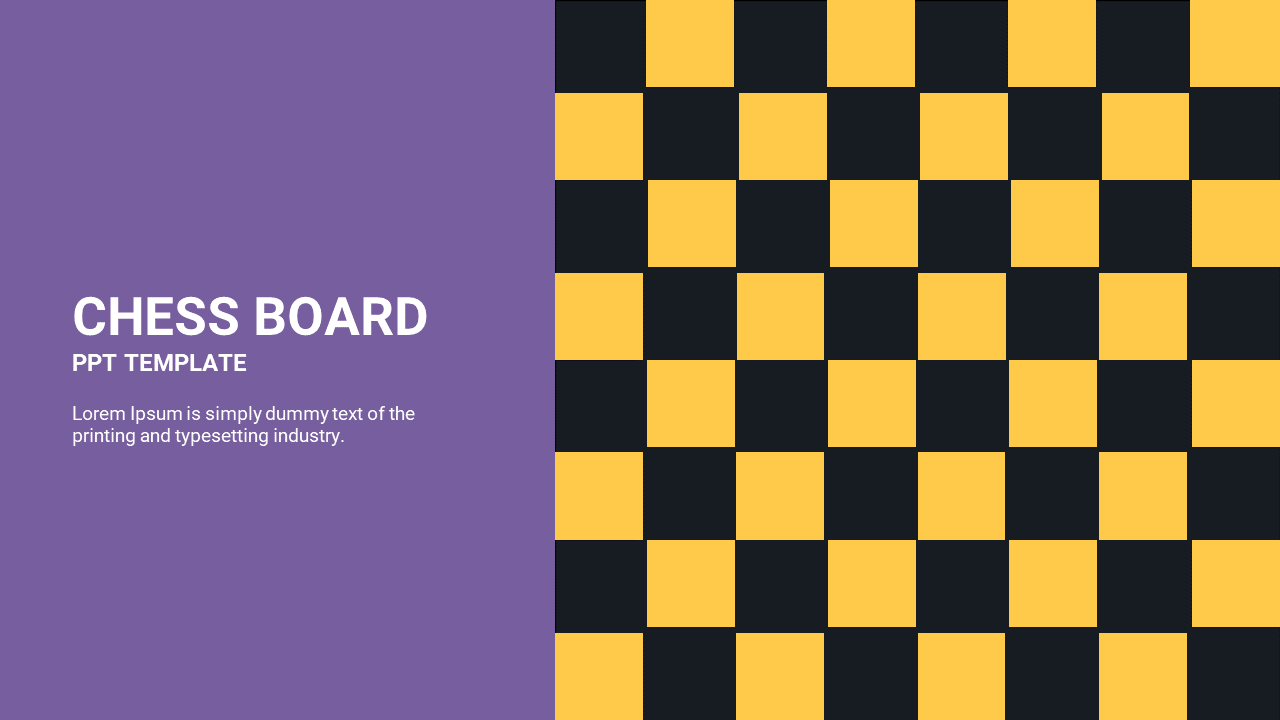 Chessboard PowerPoint template with a yellow and black checkerboard pattern and a purple text area.