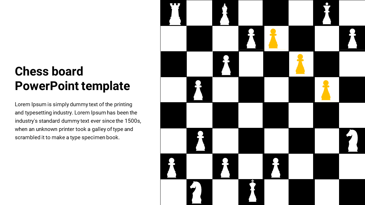 Slide showing a chessboard with a mix of white and yellow chess pieces against monochrome squares, text on the left.