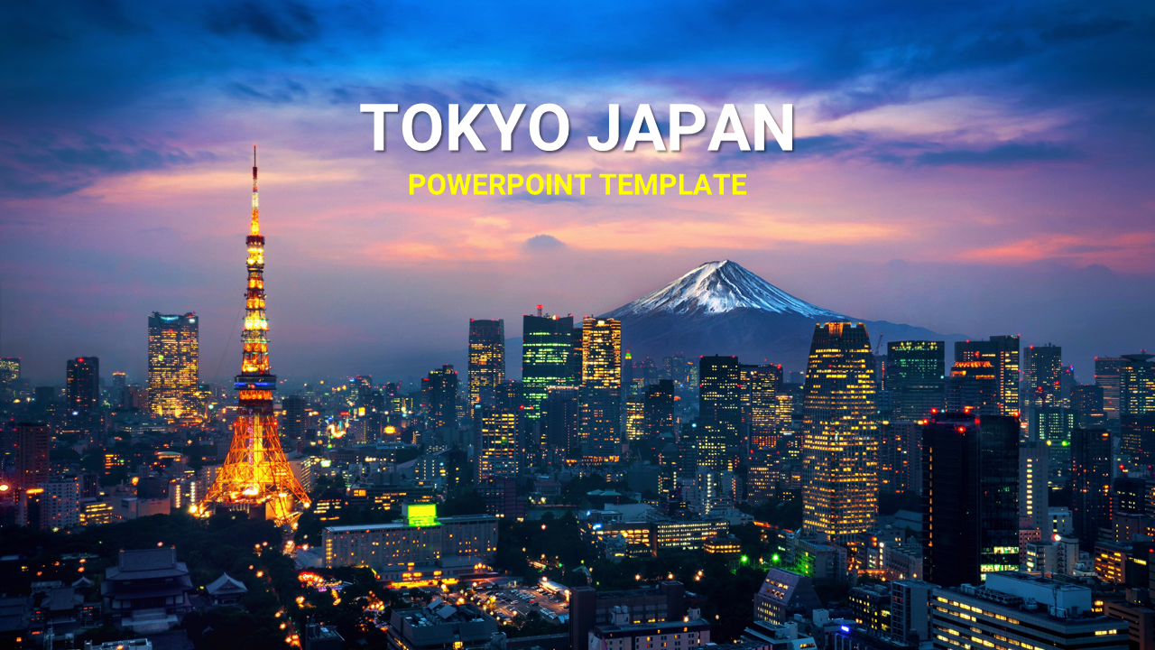 Tokyo cityscape at dusk with illuminated buildings, tower, and Mount Fuji in the background under a colorful sky.