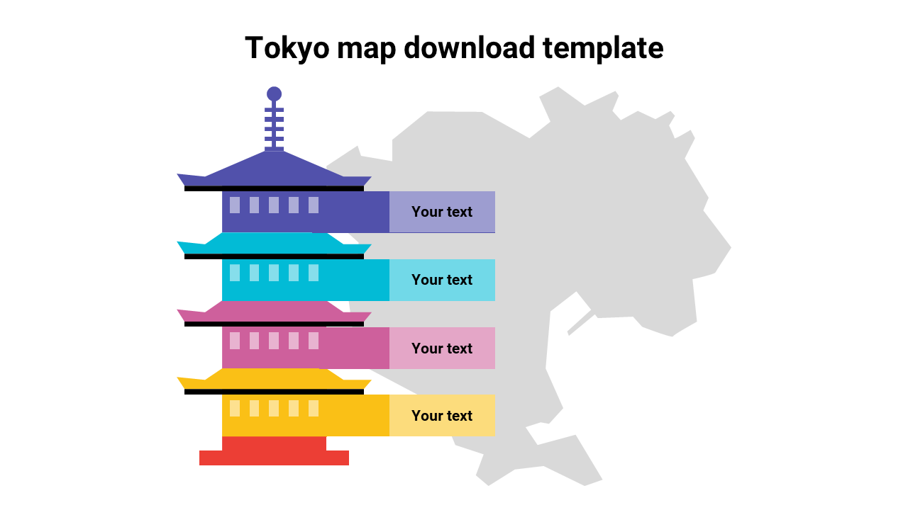 A Tokyo map PPT slide with layered colorful buildings and text placeholders for each section.