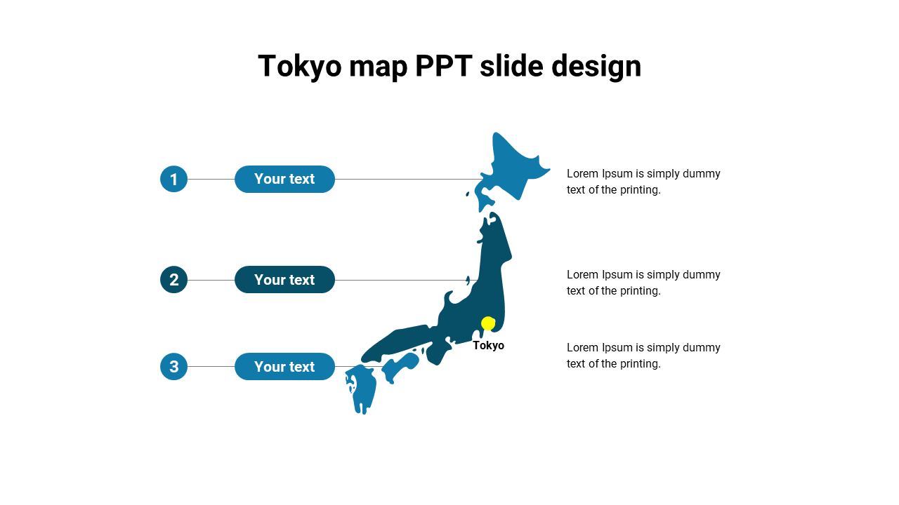 Japan map with a yellow marker on Tokyo, and three blue numbered labels with text placeholders.