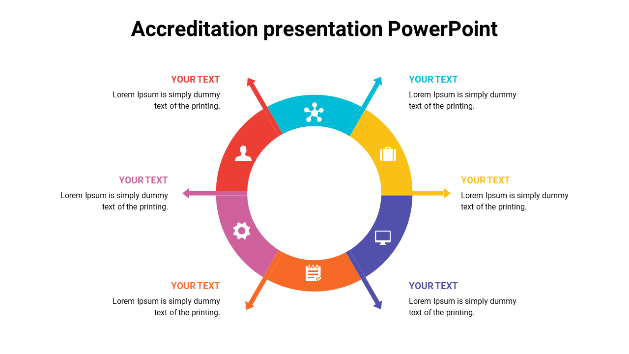 Accreditation presentation slide featuring a circular diagram with colored icons and sections for placeholder text.