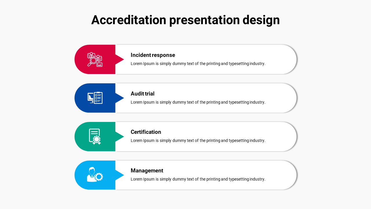 A slide design for an accreditation presentation featuring 4 sections with icons and placeholders for text on key processes.