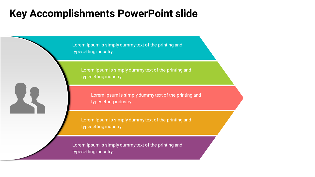 Colorful PowerPoint slide outlining key accomplishments with a list of bullet points in a gradient arrow design.