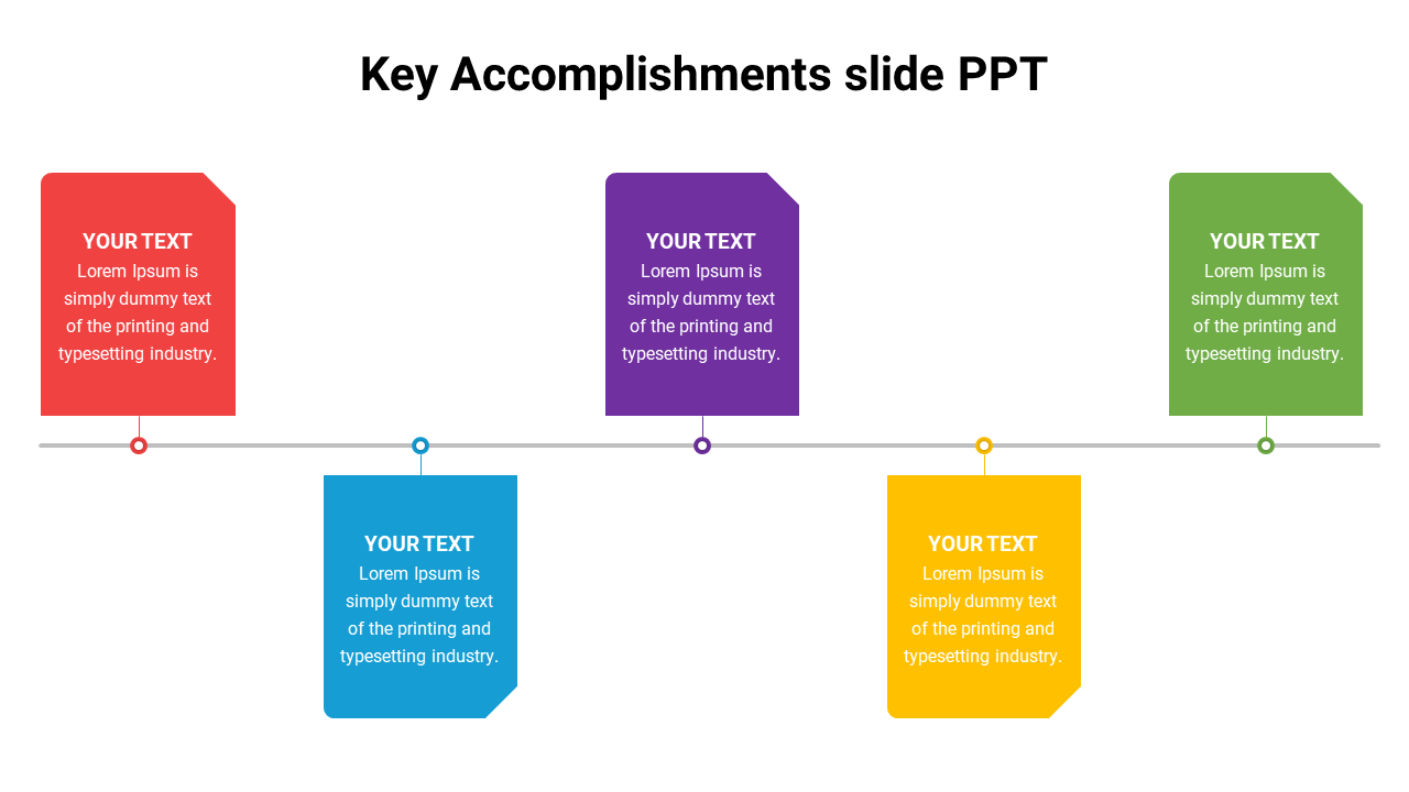 The slide shows a horizontal timeline with five colorful blocks placed above and below the line, each with captions.