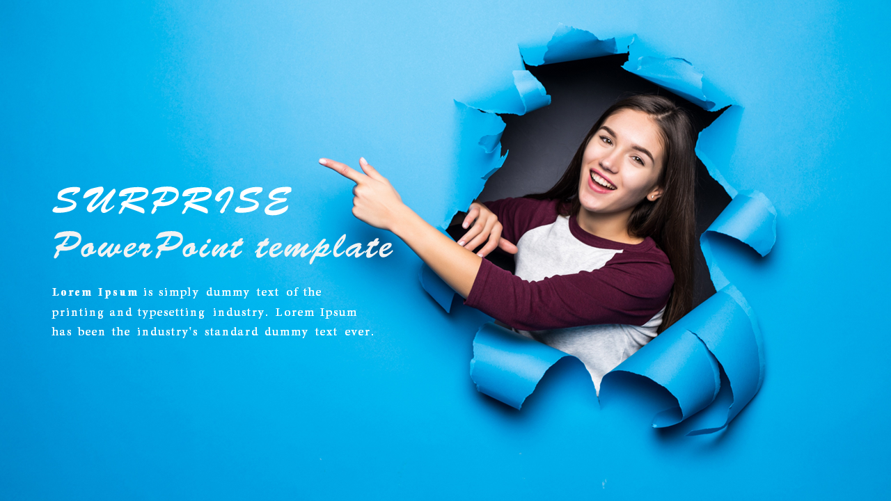 Surprise PowerPoint slide featuring a smiling woman pointing through a torn blue wall with placeholder text.