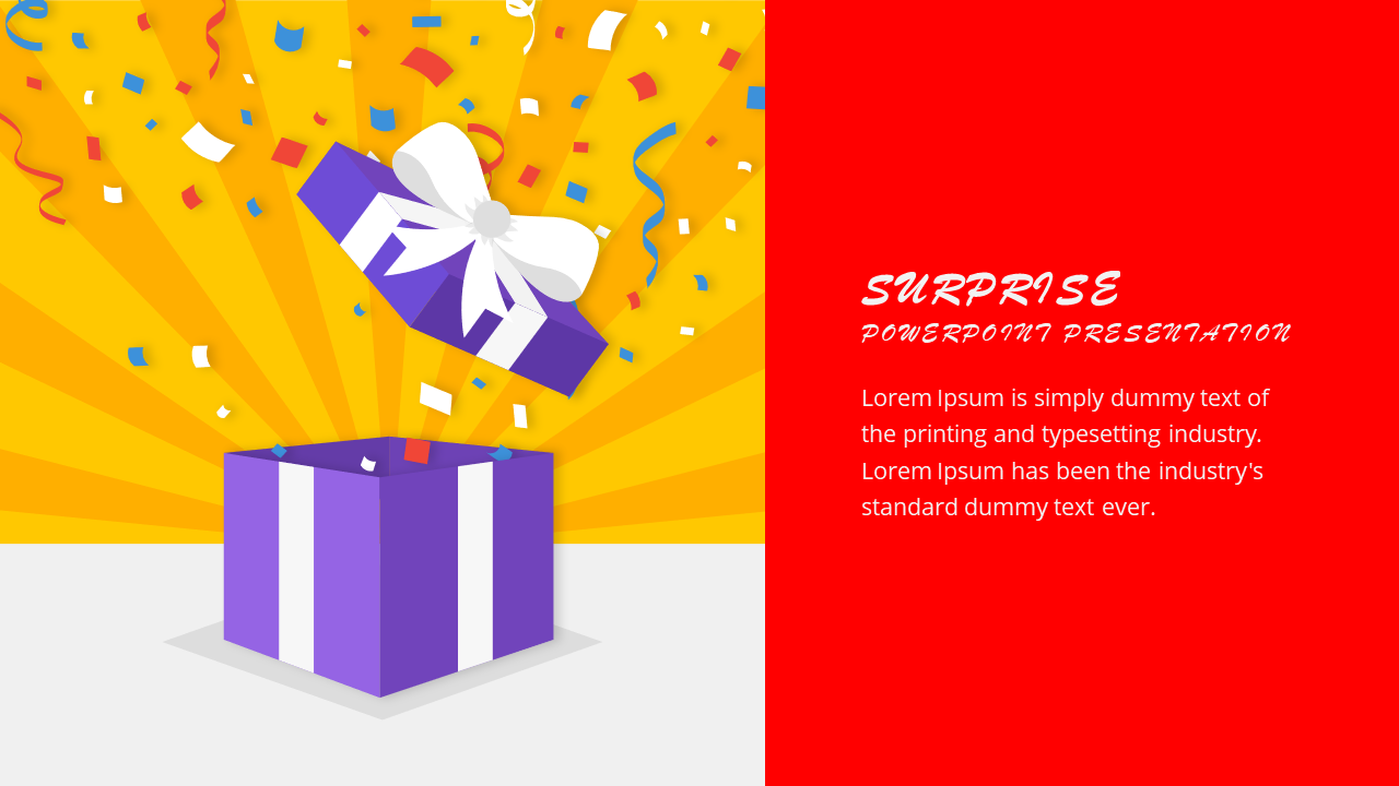 Colorful PowerPoint slide featuring a surprise gift box with confetti and a vibrant background with placeholder text.