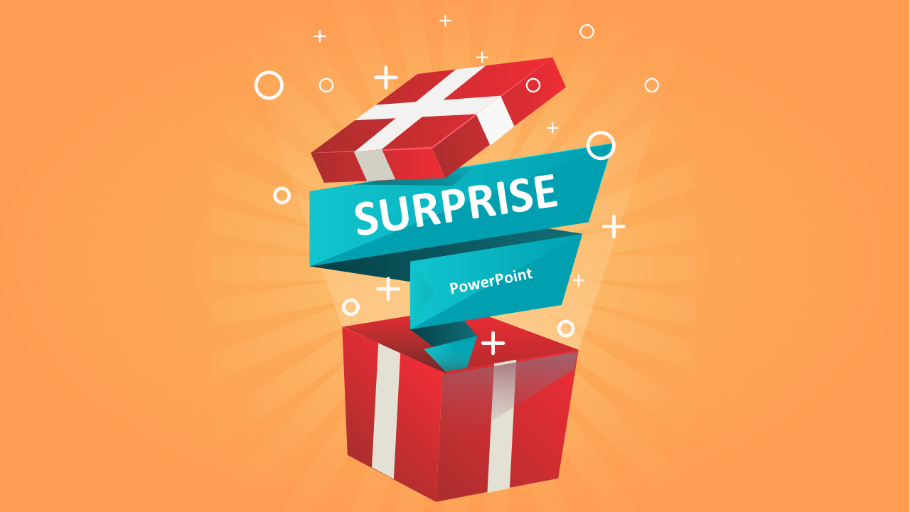 Colorful surprise slide featuring a gift box opening, revealing surprise text on a vibrant background.