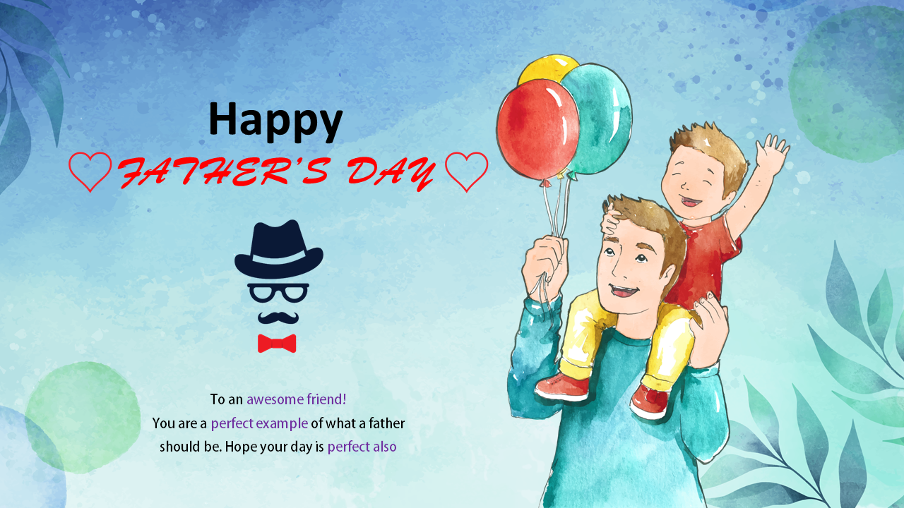 Father carrying his son holding balloons, with a greeting text and mustache icon on a blue watercolor background.