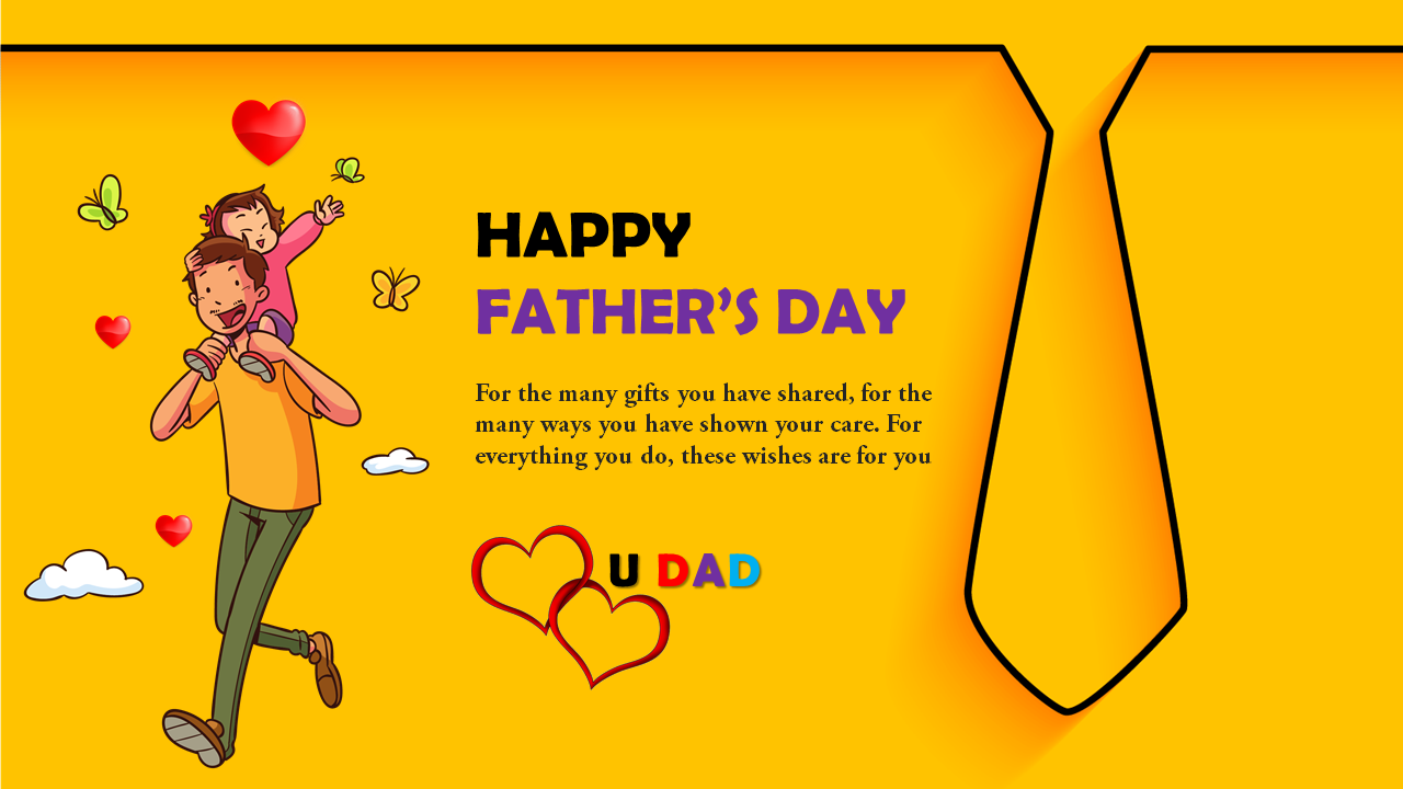 Father's Day slide with a warm yellow backdrop, showing a father and child illustration and a prominent necktie graphic.