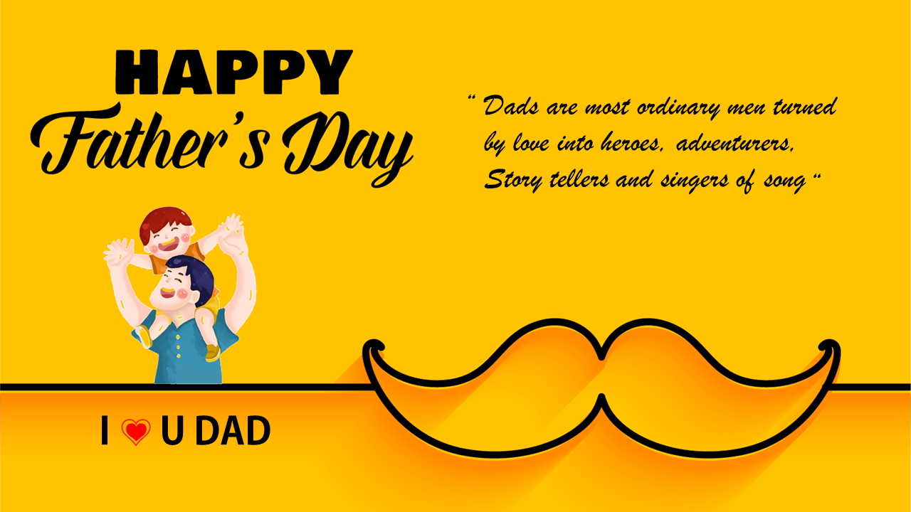 Slide design for Father's Day with a joyful family illustration and a mustache icon on a yellow background with a message.