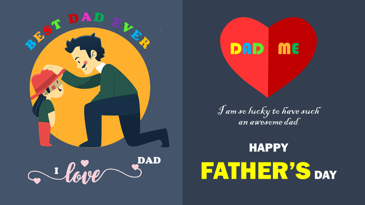 Split slide with a father patting his child in a yellow circle under rainbow text and a red heart with father's day message.