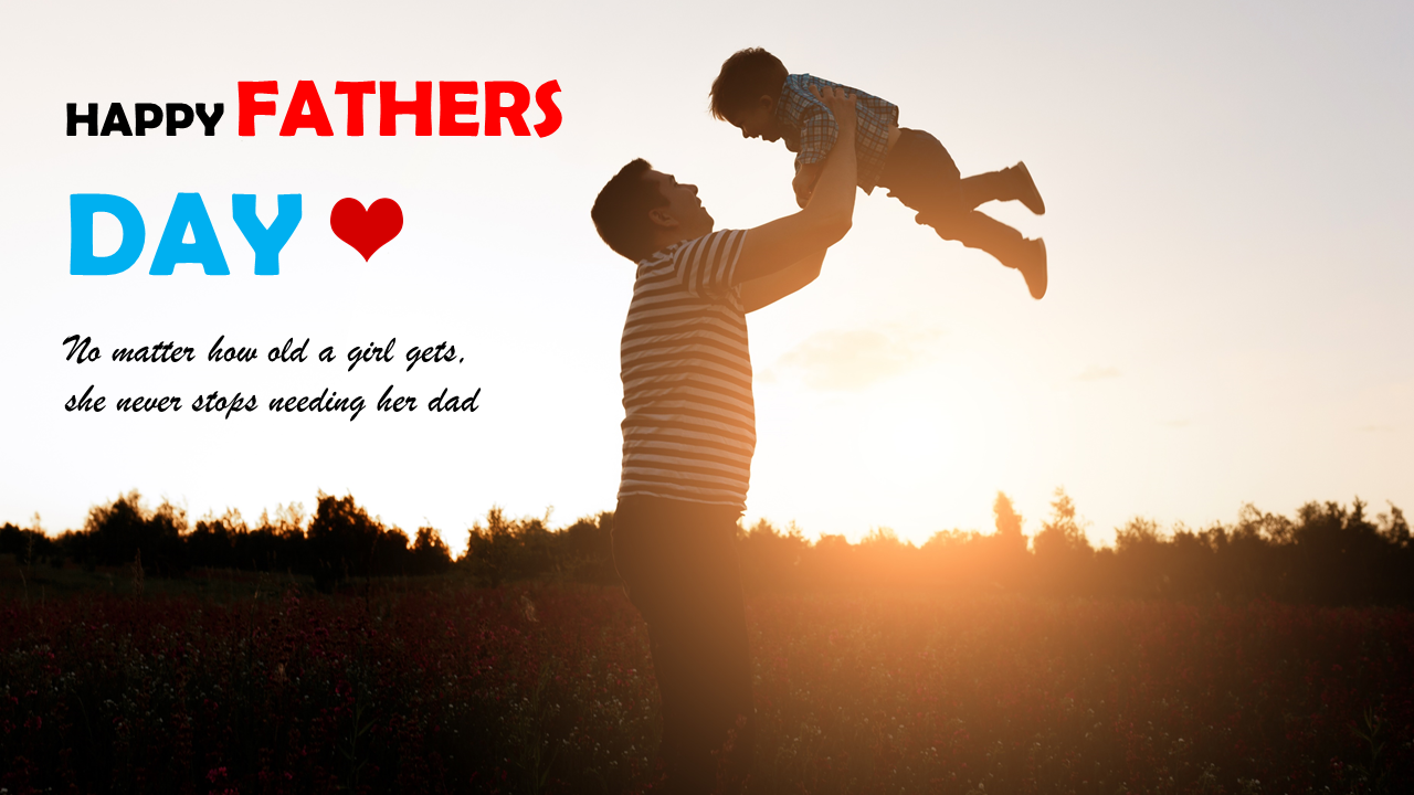 Silhouette of a father holding up his child against a sunset backdrop, with colorful text and a heart on the left.