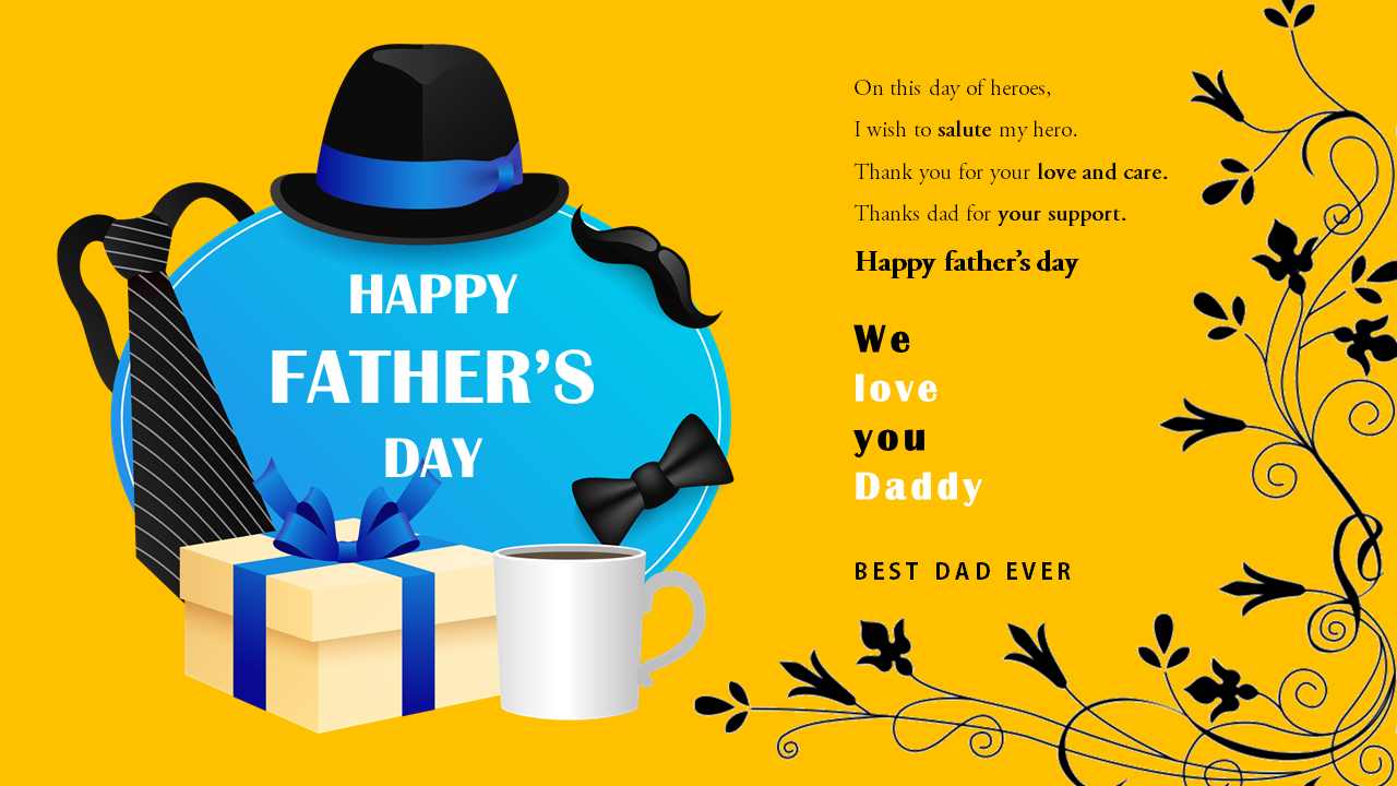 Blue father's day card with a hat, bowtie, and gifts, and a text message with black floral design on a yellow background.