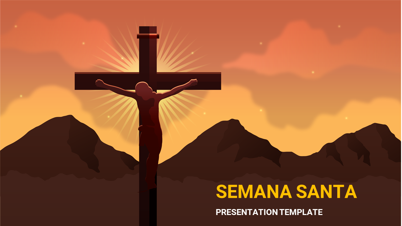 Semana Santa cover with crucifix silhouetted against a vibrant sunset and mountainous background under a dramatic sunset sky.