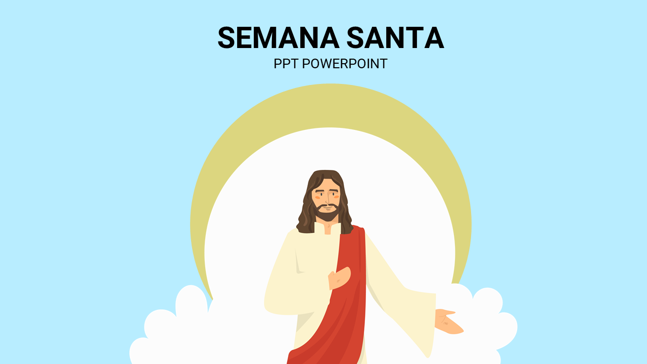 Religious illustration of Jesus in a red robe with a halo, standing on clouds, under the text Semana Santa.