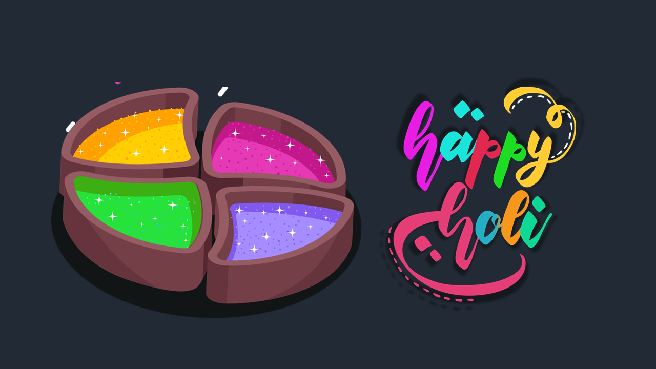 A colorful palette with four vibrant glitter colors and text in bright, festive lettering on a dark background.