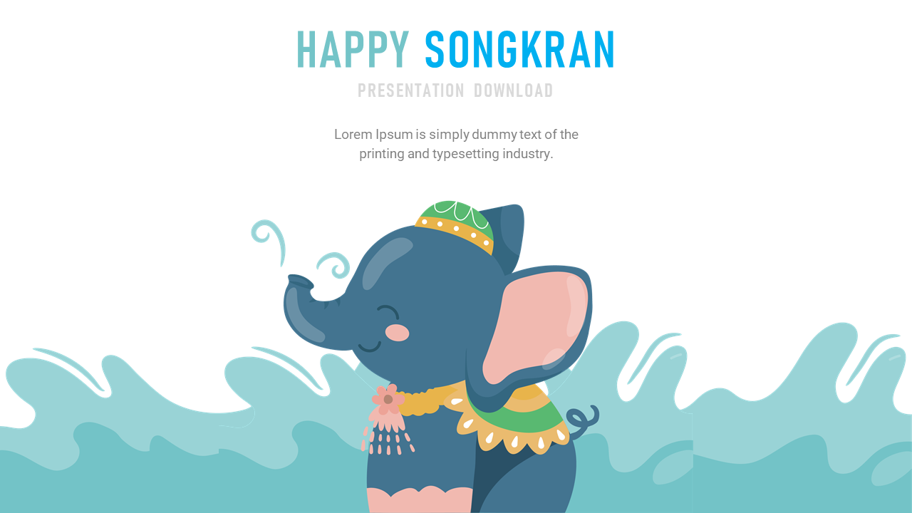 An illustrated blue elephant with traditional decorations, standing in stylized water waves, celebrating Songkran.