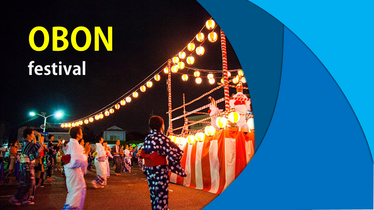 Night scene of Obon festival with lanterns and people in traditional clothing, with blue curved design on the right.