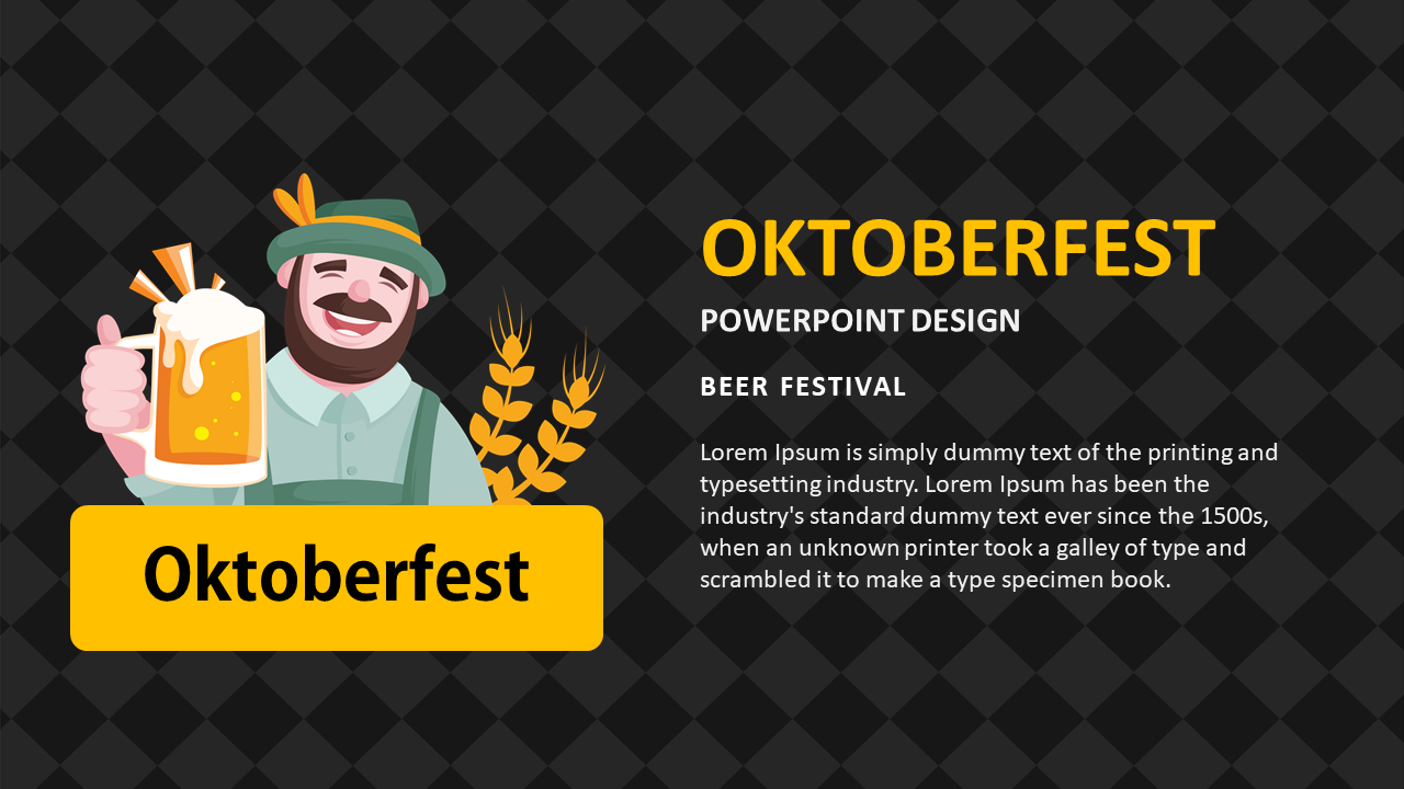 Festive slide design for Oktoberfest, featuring a character holding a beer and wheat, with vibrant yellow text.