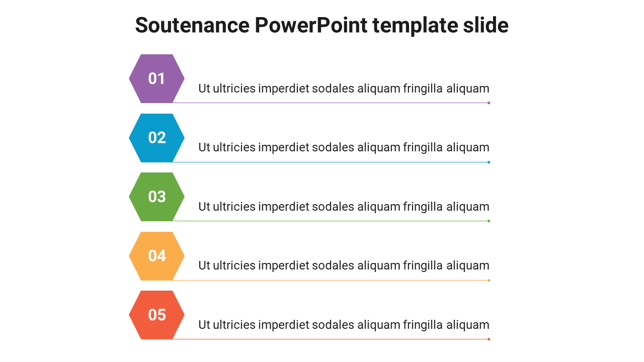 Soutenance slide featuring five colorful steps, each with a number and description space.