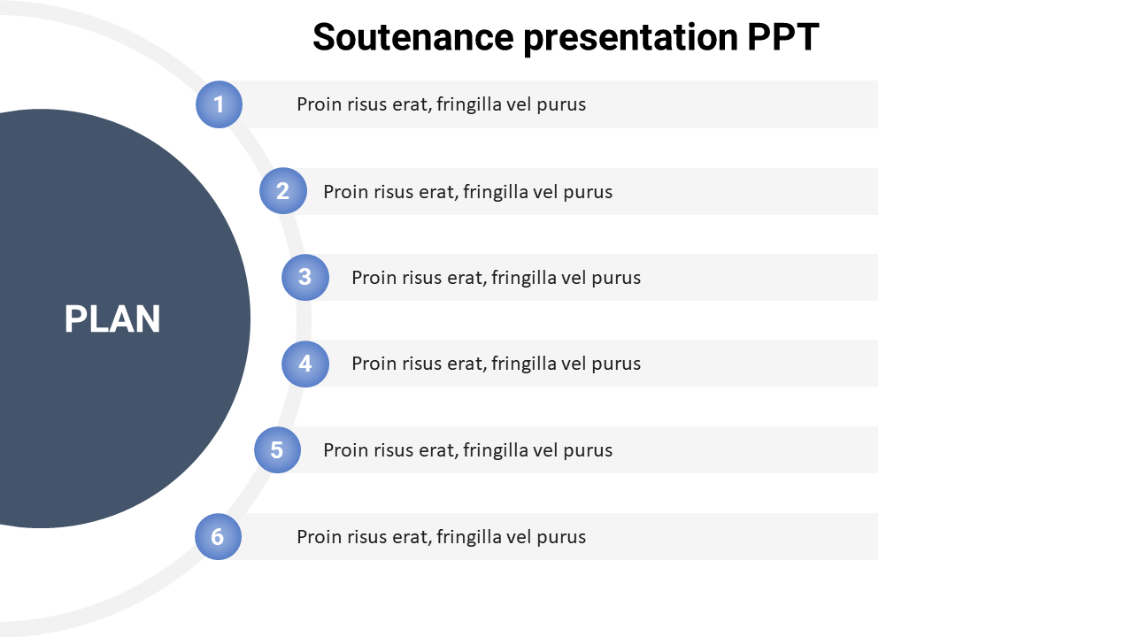 Soutenance slide with a plan section on the left and six numbered steps aligned on the right.