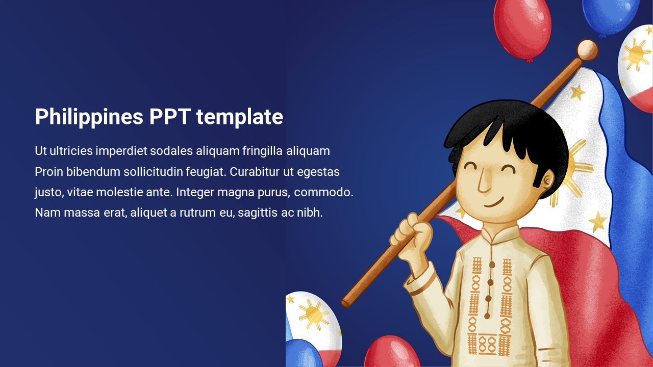 Slide featuring a smiling character holding a Philippine flag with balloons on the blue background with text.