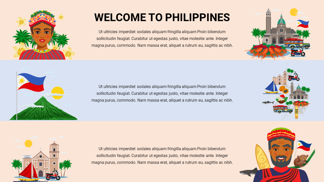 Slide depicting the Philippines through images of its iconic landscapes, traditional clothing, and famous local cuisine.