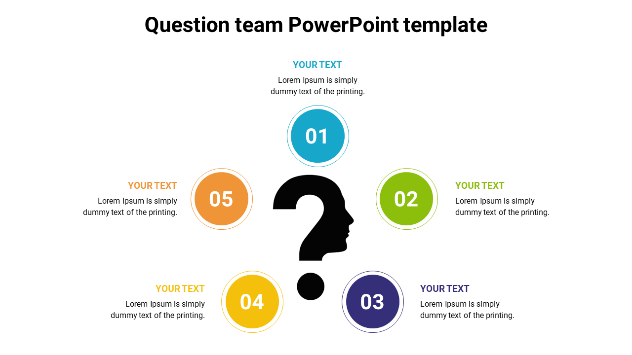 A PowerPoint template for a question team with numbered color coded circles and a question mark in the center.