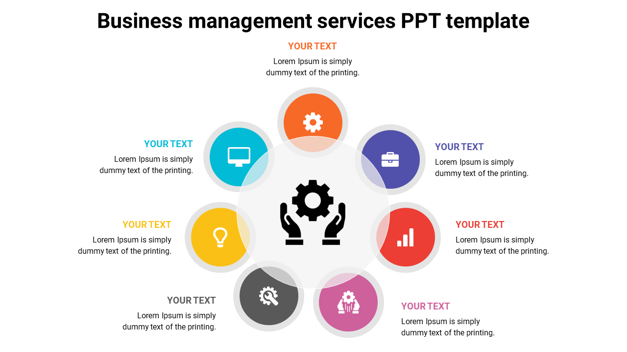 Business management services slide featuring a colorful circular layout with icons and text description.