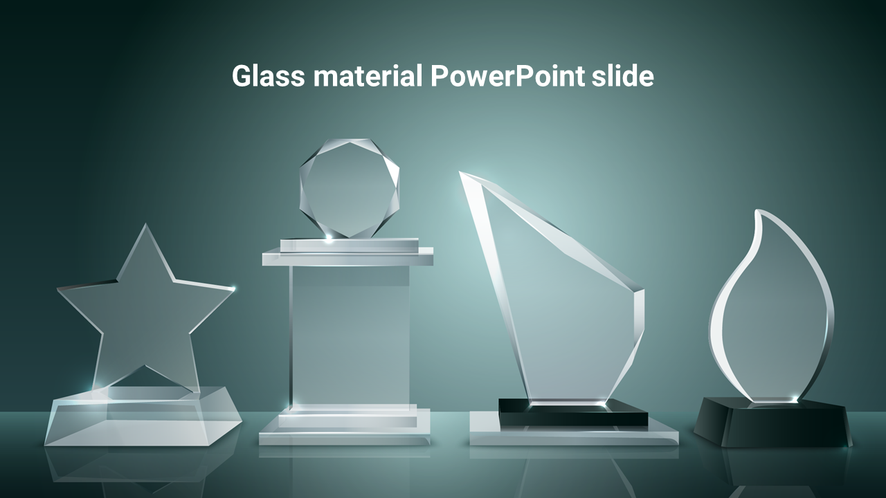 Glass material trophies and awards with geometric shapes on a sleek, reflective surface.