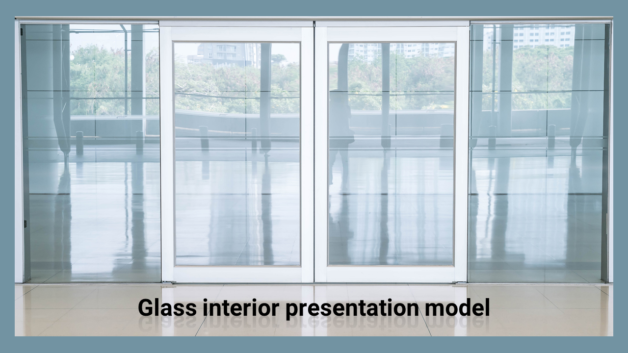 Slide featuring glass doors in a spacious interior, with an outdoor landscape in the background and title text below.