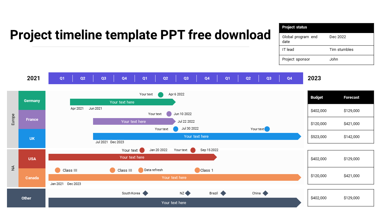 Project timeline slide showcasing tasks from 2021 to 2023 with color coded bars representing different countries progress.