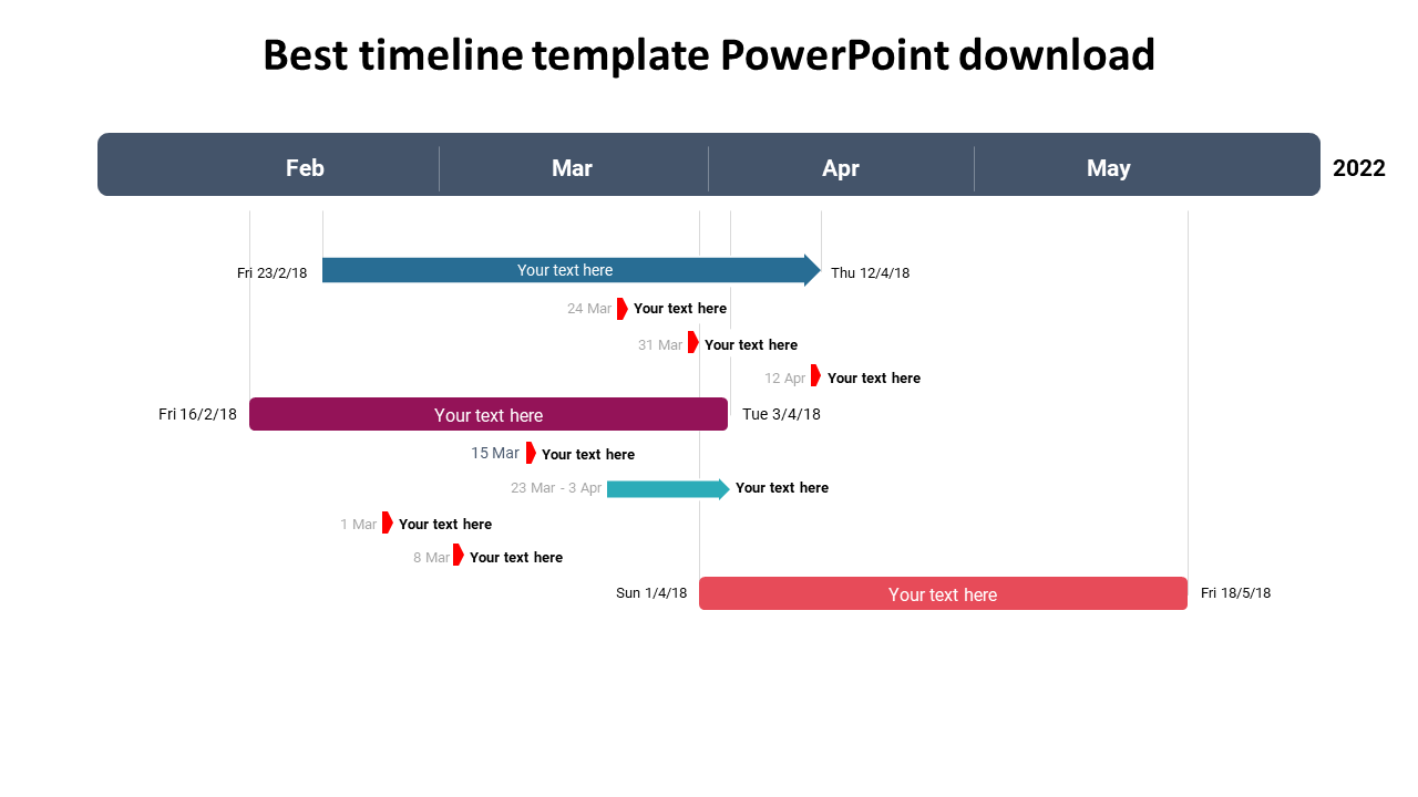 Timeline slide with a dark blue horizontal bar for months, and colored task bars extending across different timeframes.